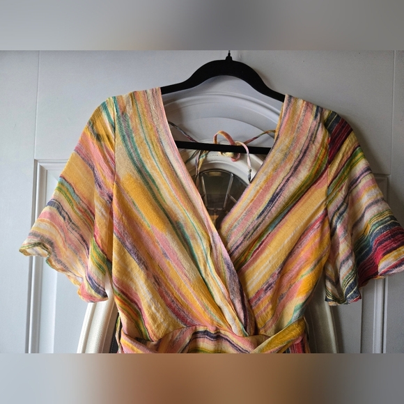 Luxxel Colorful Striped Wrap VNeck Flowy Romper ~ Medium - Picture 5 of 7